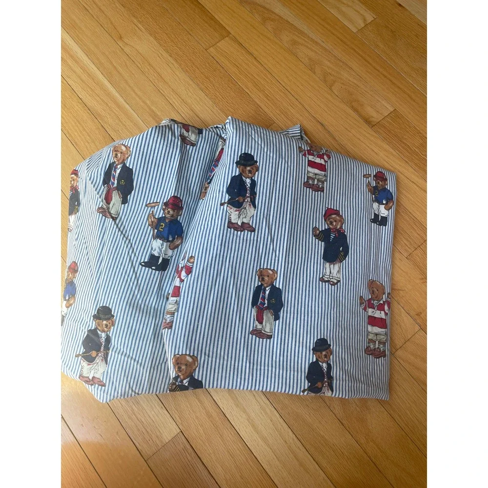 Vintage Ralph Lauren Polo Bear Blue White Striped Twin Flat and Fitted Sheet‎